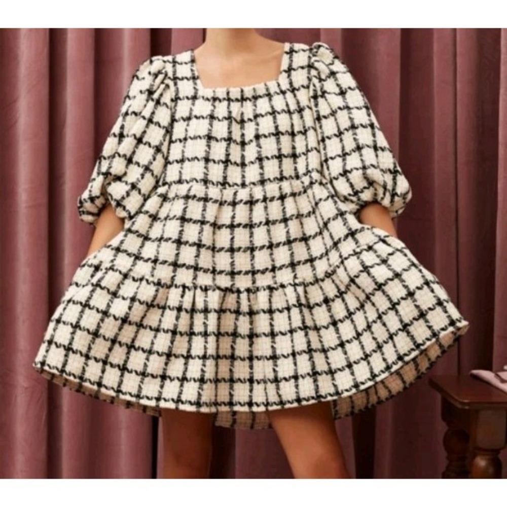 Sister Jane Supper Club Tweed Mini Dress XL Black White Gold Babydoll Dress